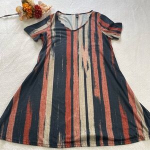 Elegant Multicolor Striped V-Neck Women Tee Dress Size L Navy,Lite Rust &  cream